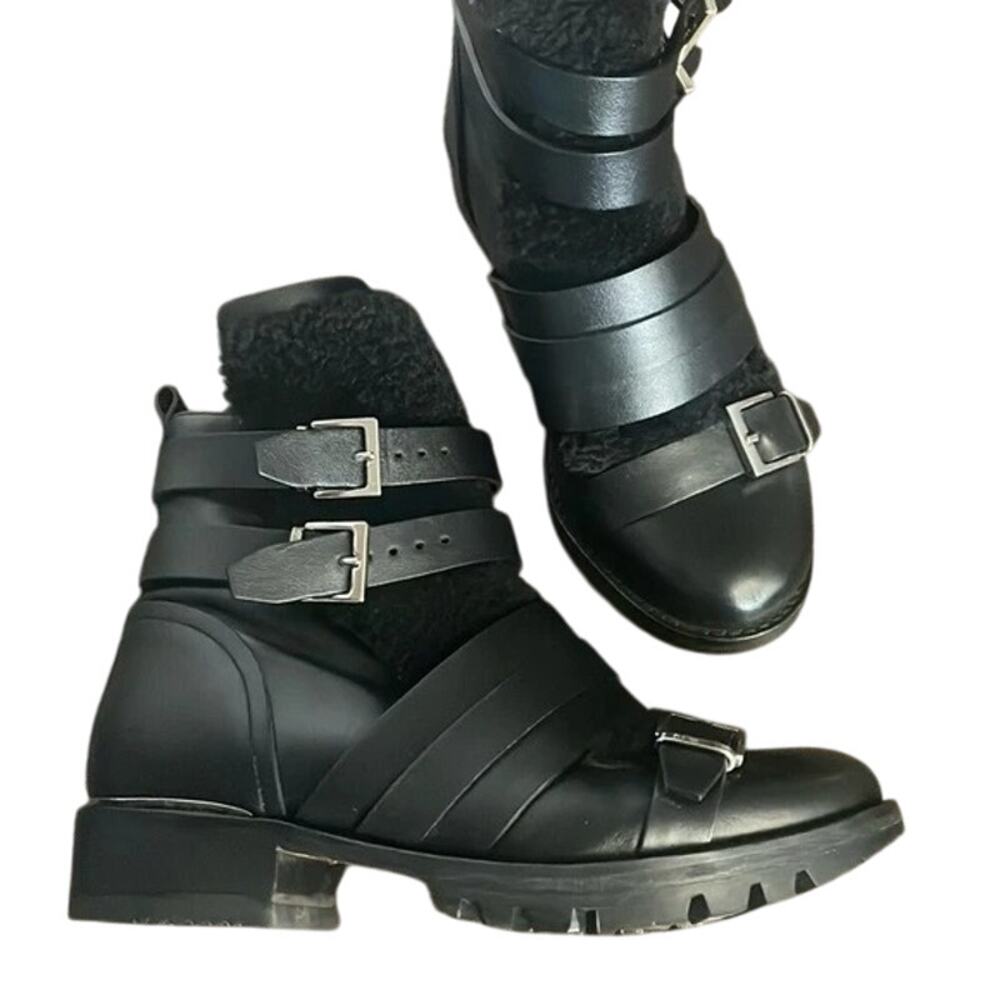 IRO Black Leather Shearling Ankle‎ Boots 6.5 37 Lug Sole Hoonah Utility Strappy